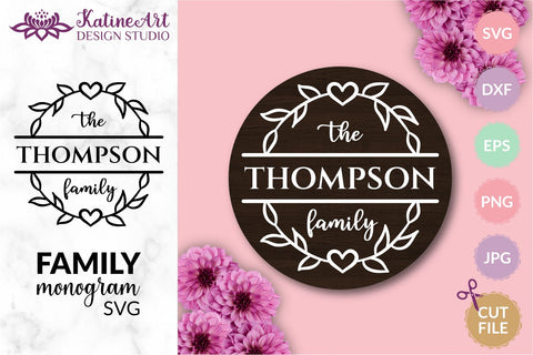 Family Name Sign Family monogram svg including split monogram with floral wreath and heart. Personalized family sign. Jpg, png, eps, dxf, svg cut file. SVG KatineArt 