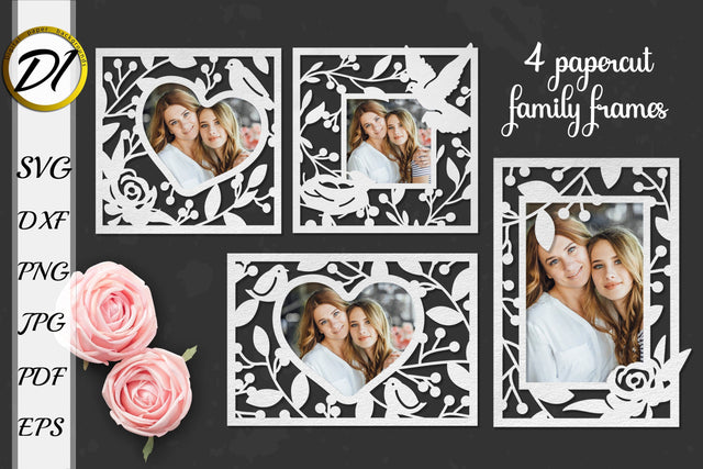 Family photo frames | Papercut family frames | Frame family bundle with leaves and flowers SVG Evgenyia Guschina 