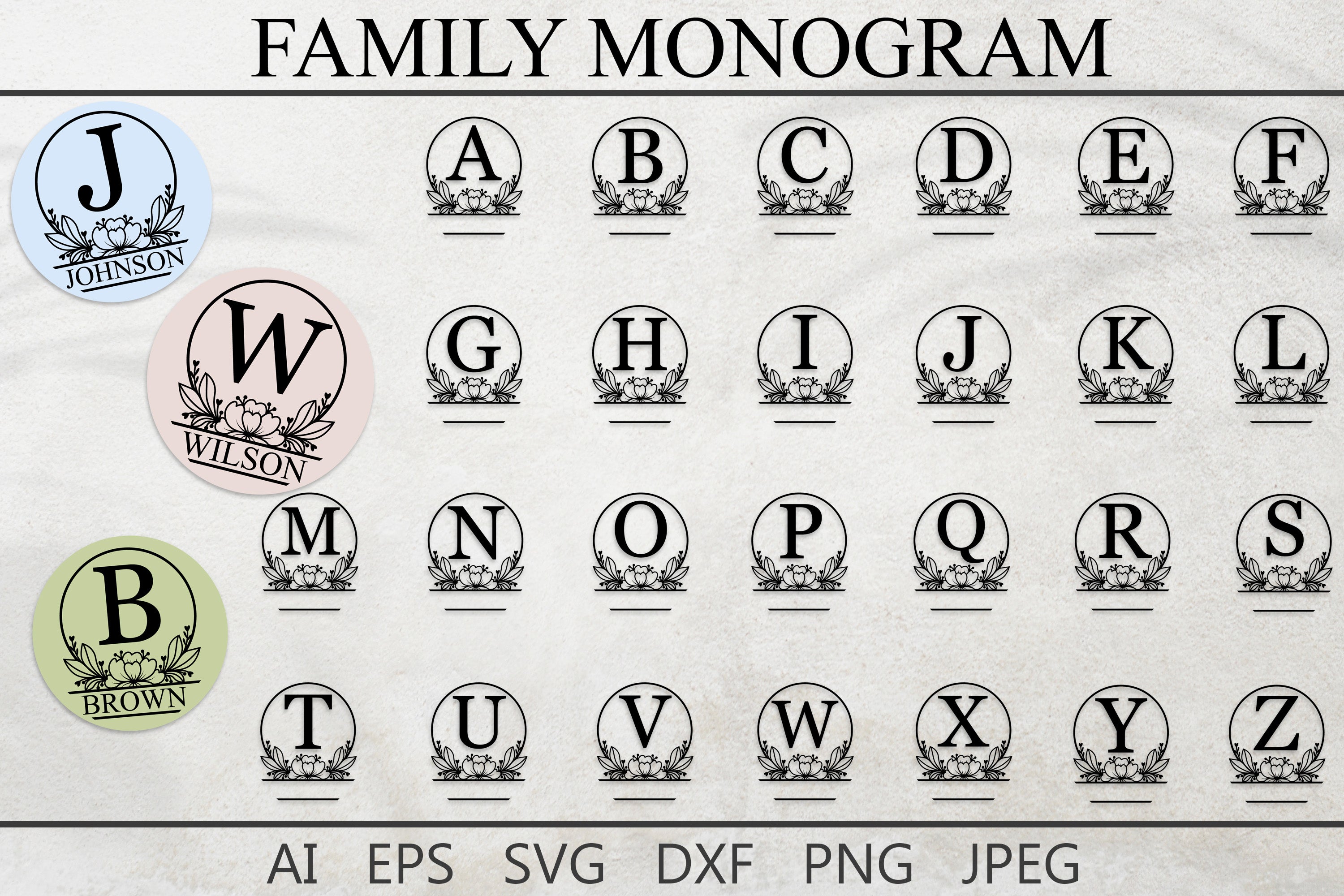 Family split monogram svg bundle, Floral last name svg - So Fontsy