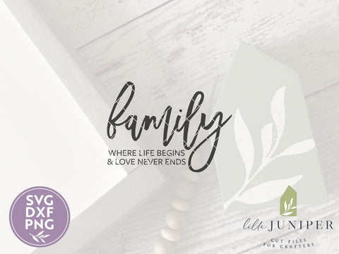 Family Where Life Begins and Love Never Ends SVG | Home SVG | Farmhouse Sign Design SVG LilleJuniper 