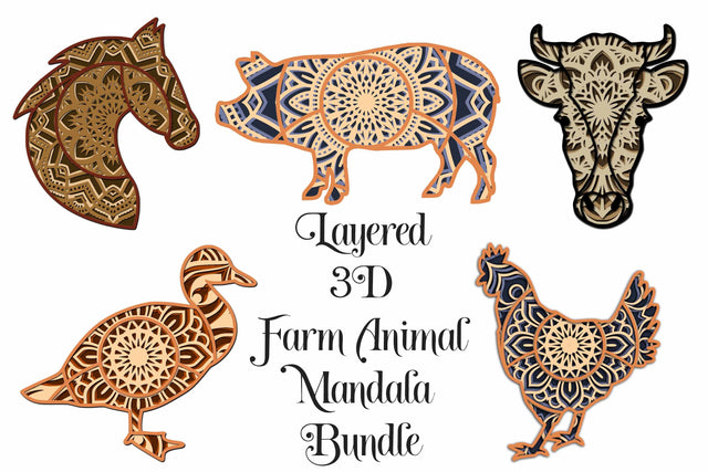 Farm Animal SVG Layered Mandala Bundle - 5 designs, Cow, Chicken, Pig, Horse, Duck SVG Digital Honeybee 