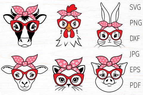 Farm animals svg bundle, animals with glasses and bandana SVG Digital Rainbow Shop 