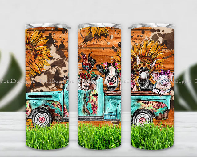 Farm Animals Tumbler, Farm Animals Truck 20 oz Skinny Tumbler Sublimation Design Straight Design Digital Download PNG Sublimation ToriDesigns 