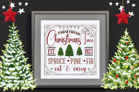 Farm fresh est.1923 christmas tree spruce pine fir cut & carry SVG SVG DESIGNISTIC 