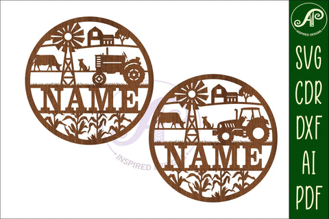 Farm scene with tractor 2 options Name sign svg laser cut SVG APInspireddesigns 