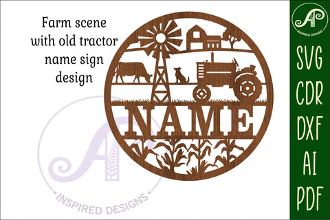 Farm scene with tractor 2 options Name sign svg laser cut SVG APInspireddesigns 