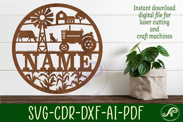 Farm scene with tractor 2 options Name sign svg laser cut SVG APInspireddesigns 