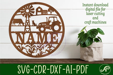 Farm scene with tractor 2 options Name sign svg laser cut SVG APInspireddesigns 