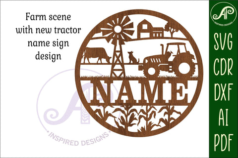 Farm scene with tractor 2 options Name sign svg laser cut SVG APInspireddesigns 