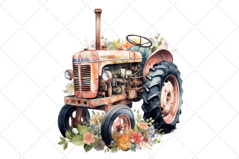 Farm Tractor Floral Watercolor Clipart Bundle Sublimation FloridPrintables 