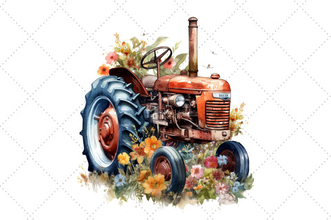 Farm Tractor Floral Watercolor Clipart Bundle Sublimation FloridPrintables 