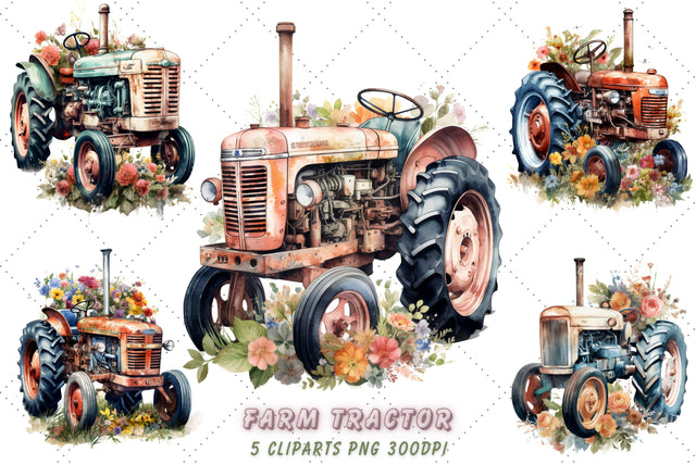 Farm Tractor Floral Watercolor Clipart Bundle Sublimation FloridPrintables 