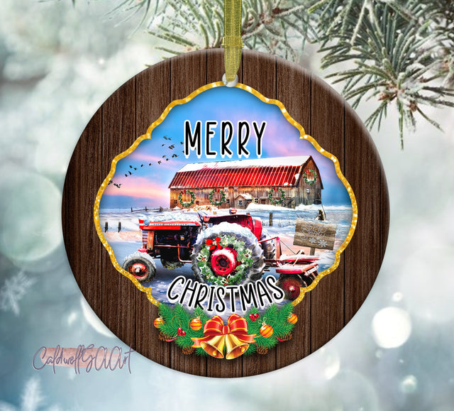Farmhouse Christmas Round Ornament Sublimation Design Farm Winter Scene PNG Digital Download Sublimation CaldwellArt 