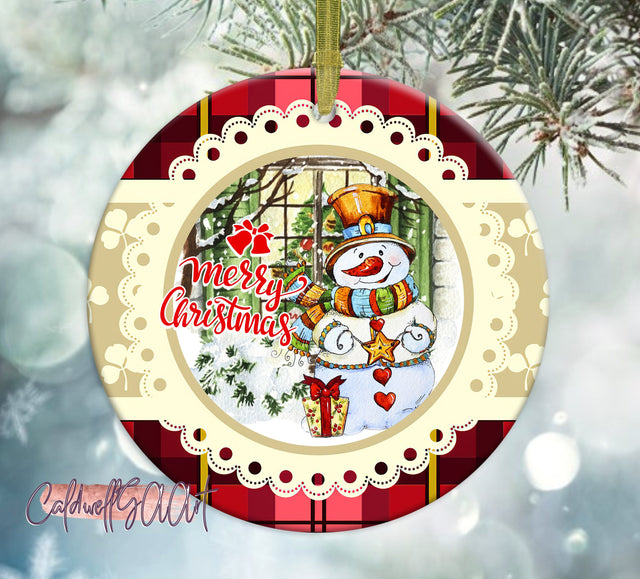 Farmhouse Christmas Round Ornament Sublimation Design Merry Christmas Snowman PNG Digital Download Sublimation CaldwellArt 