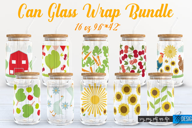 Farmhouse Glass Can Wrap SVG Bundle| 16 oz Libbey Glass Can Wrap SVG | Sunflower Glass Can | Wrap Template | 16 oz glass can wrap | Soda Can Glass Wrap SVG Fly Design 