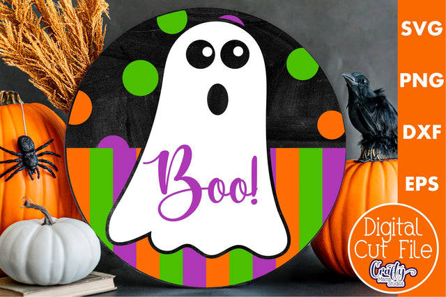 Farmhouse Halloween Round Sign, Boo Ghost Door Hanger Svg SVG Crafty Mama Studios 