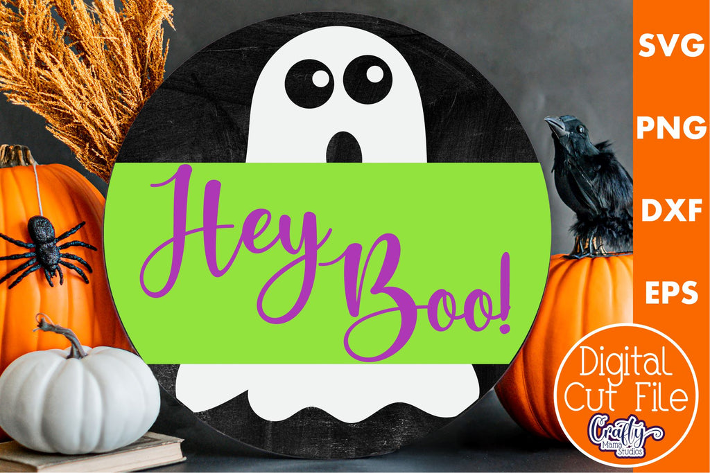 Farmhouse Halloween Round Sign, Hey Boo Door Hanger Svg - So Fontsy