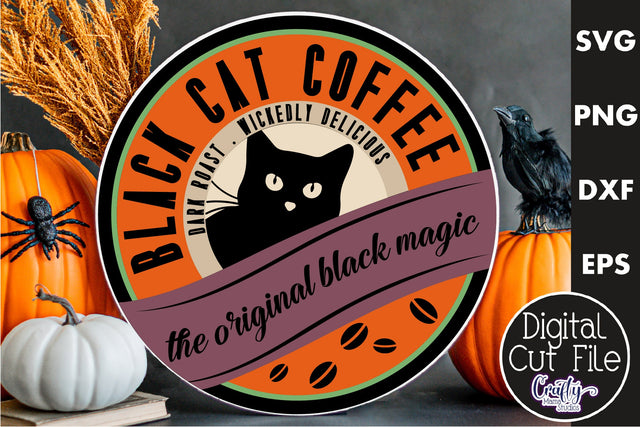 Farmhouse Halloween Svg Round Sign, Black Cat Coffee SVG Crafty Mama Studios 
