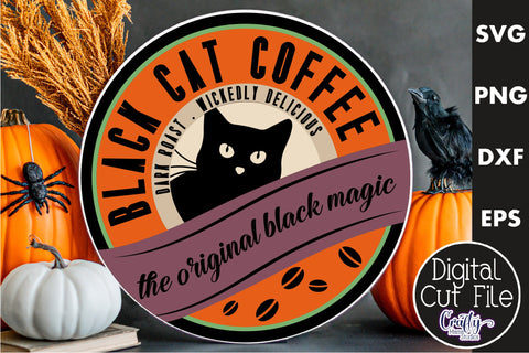 Farmhouse Halloween Svg Round Sign, Black Cat Coffee SVG Crafty Mama Studios 