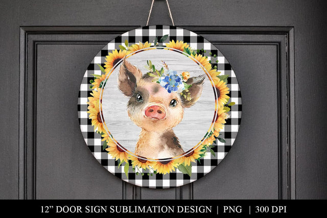 Farmhouse Pig & Sunflowers Round Door Sign Sublimation PNG Sublimation BijouBay 