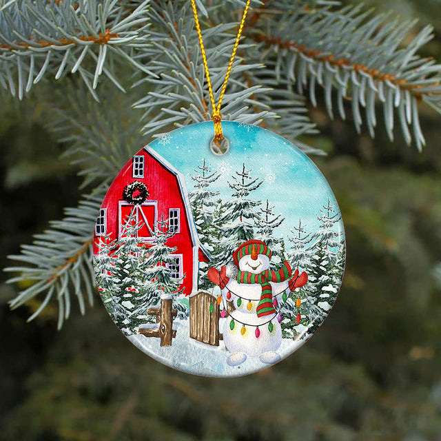 Farmhouse Round Ornament Sublimation Design Snowman Country Barn Winter Png Digital Download Sublimation CaldwellArt 