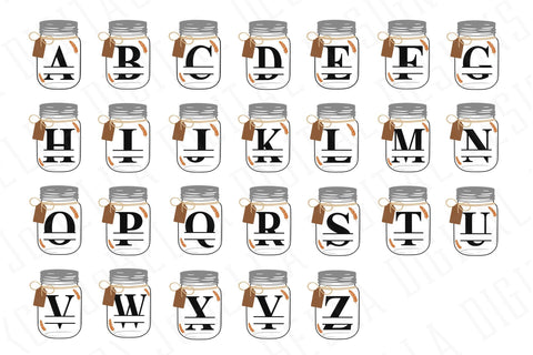Farmhouse Split Letter Monogram in Mason Jars - A to Z SVG JoBella Digital Designs 