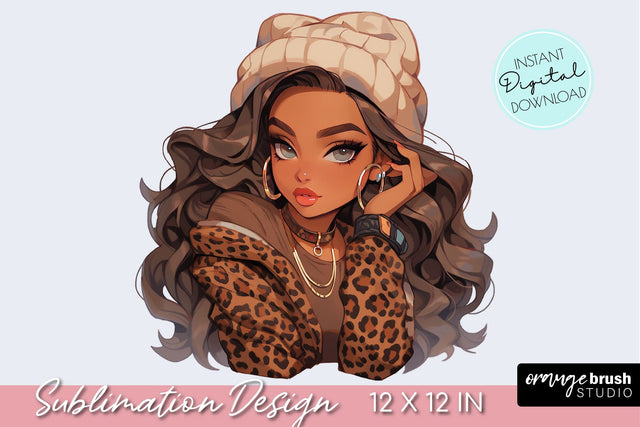 Fashion Girl Clipart, Leopard Print PNG Sublimation Design Sublimation OrangeBrushStudio 