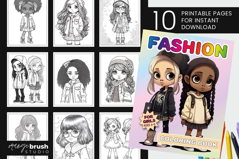 Fashion Girls Coloring Book, Printable Coloring Page Bundle Sublimation OrangeBrushStudio 