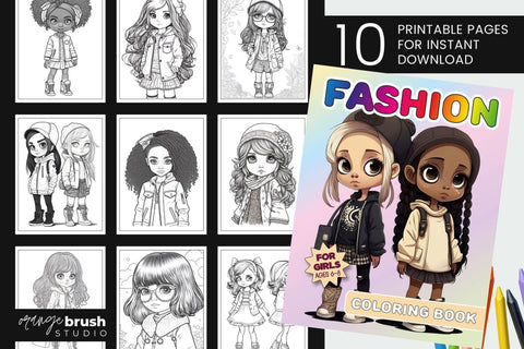 Fashion Girls Coloring Book, Printable Coloring Page Bundle Sublimation OrangeBrushStudio 