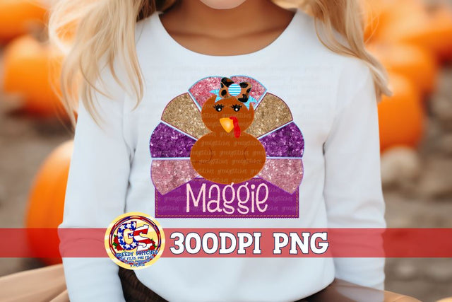 Faux Embroidery Sequins Girl Turkey PNG Sublimation Greedy Stitches 