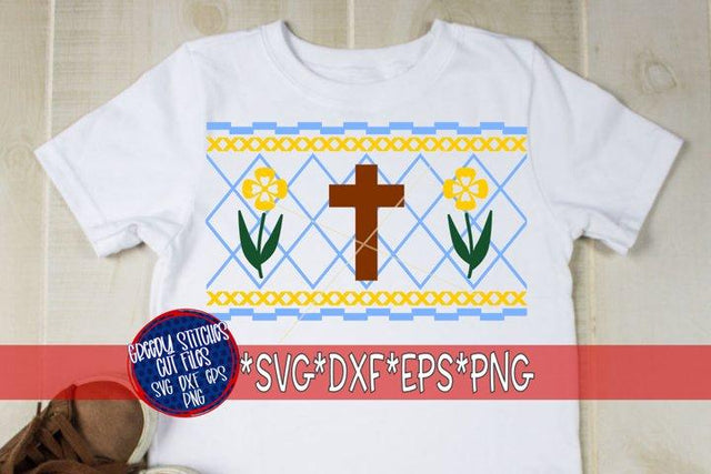 Faux Smocked Cross and Flowers SVG DXF EPS PNG-Easter SVG SVG Greedy Stitches 