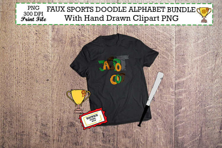 Faux Sports Doodle Alphabet Bundle with Hand Drawn Clipart - So Fontsy