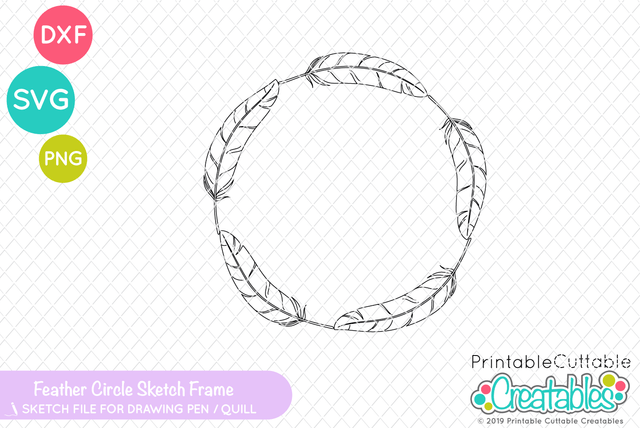 Feather Circle Monogram Frame Sketch SVG Printable Cuttable Creatables 