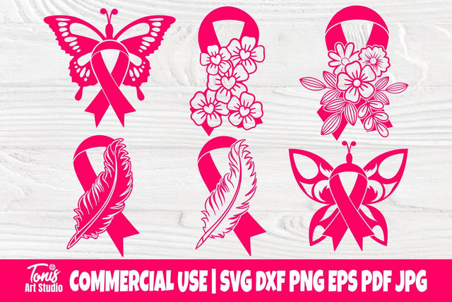 Feather Pink Ribbon SVG, Breast Cancer Svg, Strong Woman Svg, Pink Butterfly Svg, Awareness Ribbon Svg, Ribbon Flower Svg, Hope Svg, Eps Dxf SVG TonisArtStudio 