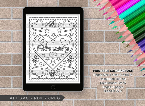 February Month Printable Coloring Page Bundle, PDF Colouring Book, Instant Download, CBP00012 SVG ETC Craft 