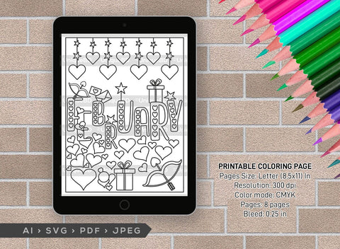 February Month Printable Coloring Page Bundle, PDF Colouring Book, Instant Download, CBP00012 SVG ETC Craft 