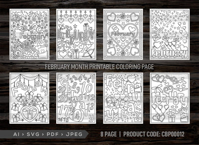 February Month Printable Coloring Page Bundle, PDF Colouring Book, Instant Download, CBP00012 SVG ETC Craft 