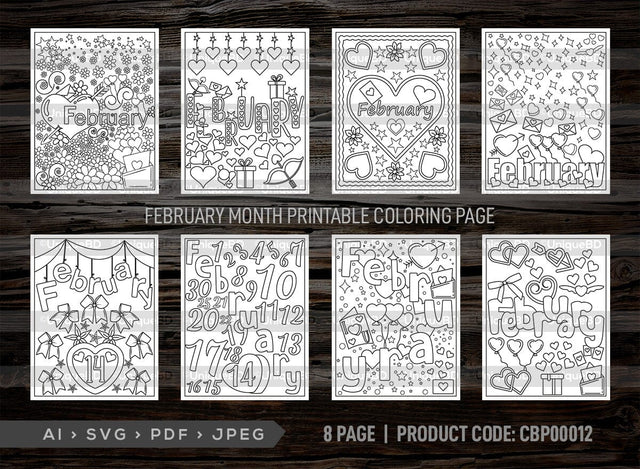 February Month Printable Coloring Page Bundle, PDF Colouring Book, Instant Download, CBP00012 SVG ETC Craft 