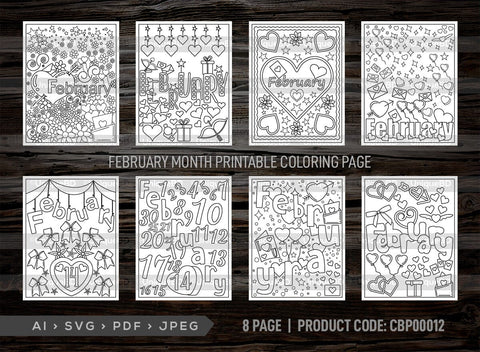 February Month Printable Coloring Page Bundle, PDF Colouring Book, Instant Download, CBP00012 SVG ETC Craft 