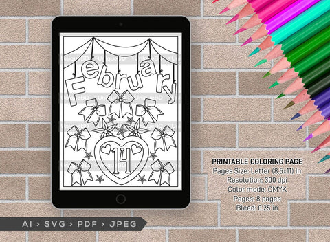 February Month Printable Coloring Page Bundle, PDF Colouring Book, Instant Download, CBP00012 SVG ETC Craft 