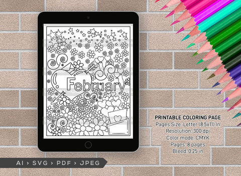 February Month Printable Coloring Page Bundle, PDF Colouring Book, Instant Download, CBP00012 SVG ETC Craft 