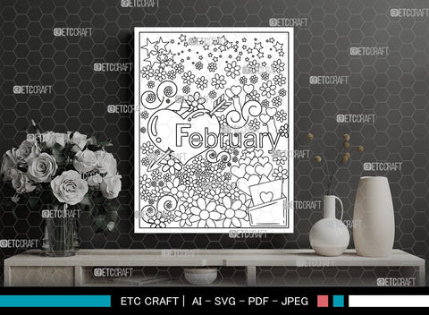 February Month Printable Coloring Page, PDF Colouring Book, Instant Download, CBP00012 SVG ETC Craft 