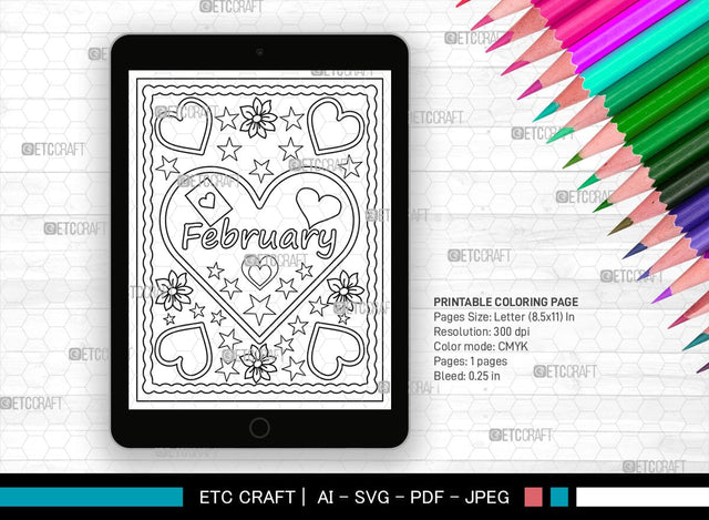 February Month Printable Coloring Page, PDF Colouring Book, Instant Download, CBP00012 SVG ETC Craft 