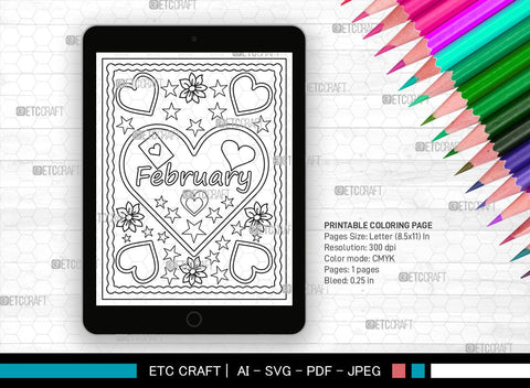 February Month Printable Coloring Page, PDF Colouring Book, Instant Download, CBP00012 SVG ETC Craft 