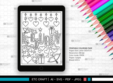 February Month Printable Coloring Page, PDF Colouring Book, Instant Download, CBP00012 SVG ETC Craft 