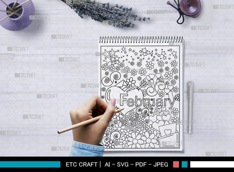 February Month Printable Coloring Page, PDF Colouring Book, Instant Download, CBP00012 SVG ETC Craft 