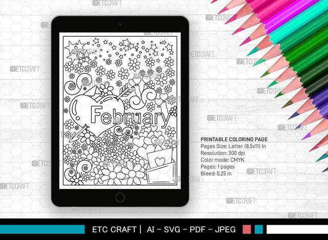 February Month Printable Coloring Page, PDF Colouring Book, Instant Download, CBP00012 SVG ETC Craft 