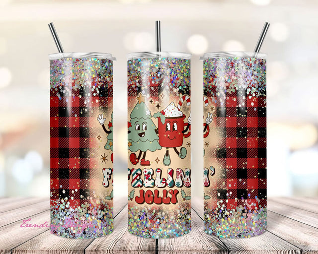 Feelin Jolly Christmas tumbler png, Christmas wrap, Christmas tree png, Winter pattern, Sublimation Design Download, 20 oz Skinny Tumbler Sublimation TrendingDesign 