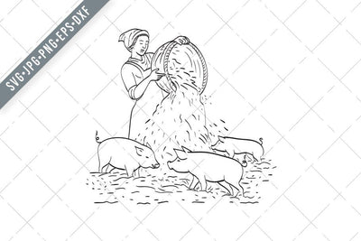 Female Peasant Farmer Feeding Pigs Line Art Drawing Black and White SVG Patrimonio Designs Limited 