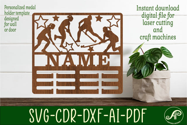 Field hockey female medal holder Name svg laser cut template SVG APInspireddesigns 